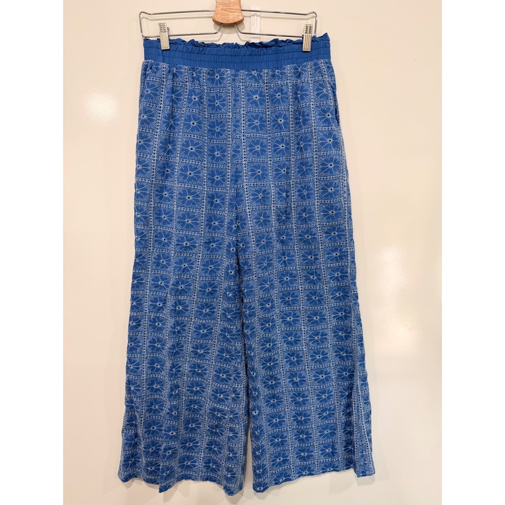 Solitaire Blue Eyelet Wide Leg Pants XL Paperbag Waist Cotton Blend Embroidered